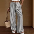 thumbnail image 2 of Faux Linen Pants Women Tall Lightweight Striped Lounge Trousers Summer Lace-up High Waist Flowy Straight Pants with Pockets,XL, 2 of 7