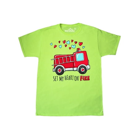 Set My Heart On Fire Valentine Fire Truck With Hearts T Shirt