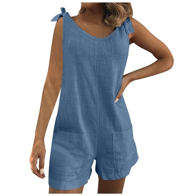Flash Deal! Linen Cotton Rompers For Womens Tie Knot Shoulder Summer Casual Sleeveless Short Jumpsuits Overalls With Pockets Sales All Items On Clearance Blue2 XL