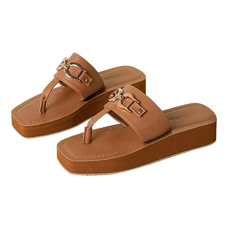 

Youmylove Women Slippers Fashion Outer Wear Metal Decorative Buckle Slope With Thick Bottom Shoes Clip Toe Temperament Square Head Sandals Summer Comfy Daily Simple Walking Footwears