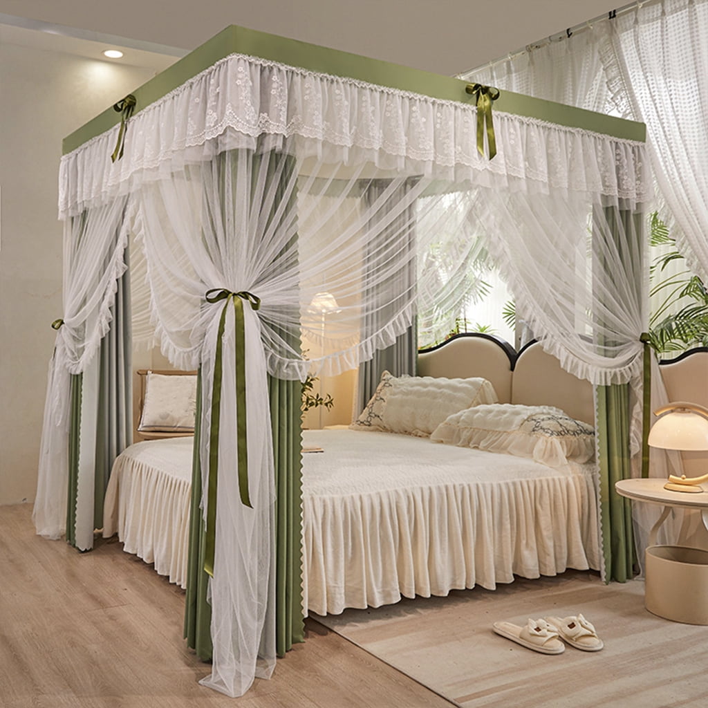 4 Corners Post Solid Color Bed Canopy Curtain Double Layer-Curtain & Ruffle Princess Mosquito Net 4 Opening Netting for Girls Teens Or Adults Bedroom Decoration, Sage, California King