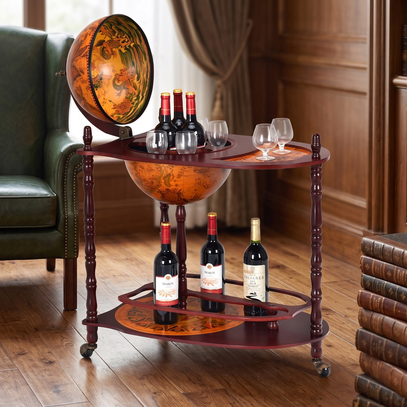 RUIE Vintage Globe Rolling Wine Bar Cart with Extra Shelf, Mobile World Map Liquor Storage Stand with 3 Casters for Home Kitchen Dining Room, Brown