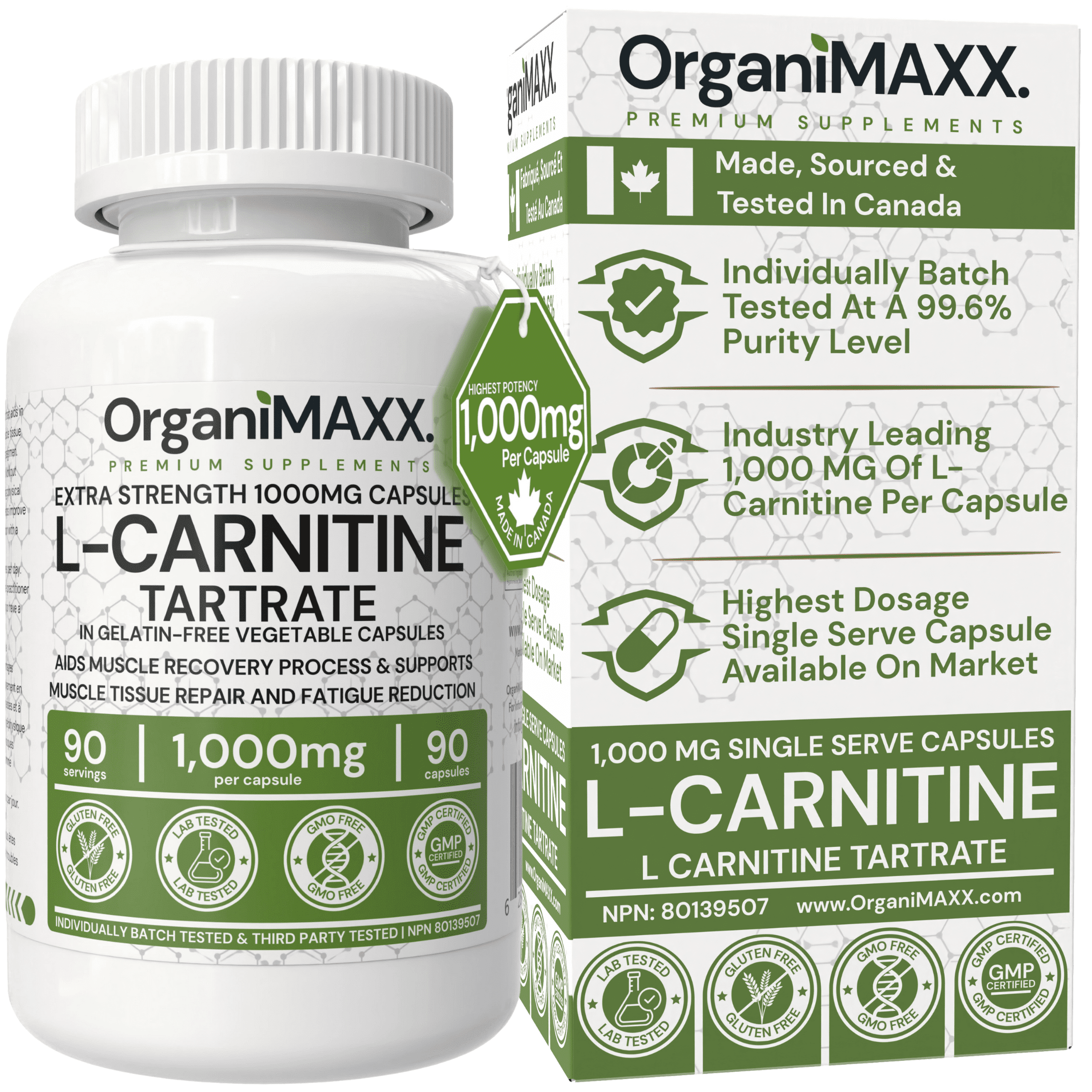 OrganiMAXX. L Carnitine DOUBLE STRENGTH 1,000mg One A Day Capsules OrganiMAXX L-Carnitine Tartrate For Muscle Recovery Process.