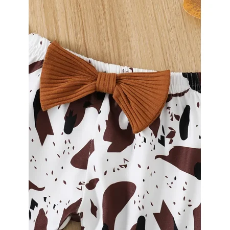 

GEDER-F Baby Girls Ribbed Ruffle Long Sleeve Romper + Matching Bowknot Cow Print Flared Pants + Headband Baby Clothes Bodysuit Onesie Set