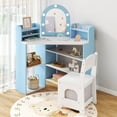 thumbnail image 2 of Costway Corner Kids Vanity with Lights, 3 Storage Shelves, 5 Open Compartments, Accessories Blue + White, 2 of 12