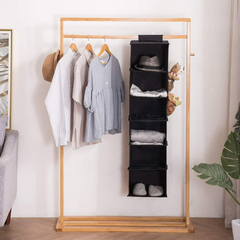 Long Soft Fabric Over Closet Rod Hanging Storage Organizer with 6 Shelves for Clothes Leggings Lingerie T Shirts Textured Print with Solid Trim Black Walmart