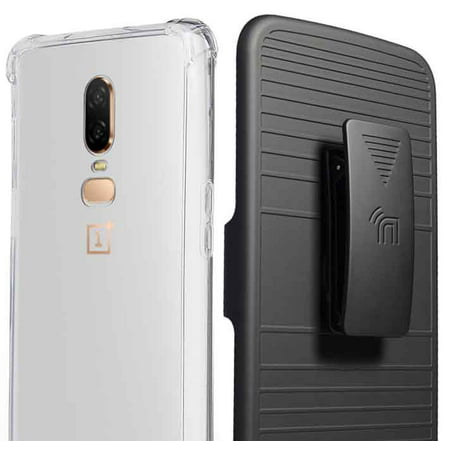 OnePlus 6 Case with Clip, Aquaflex Transparent CLEAR Flexible TPU [Shock Absorbing] Bumper Cover + Belt Hip Holster for OnePlus 6