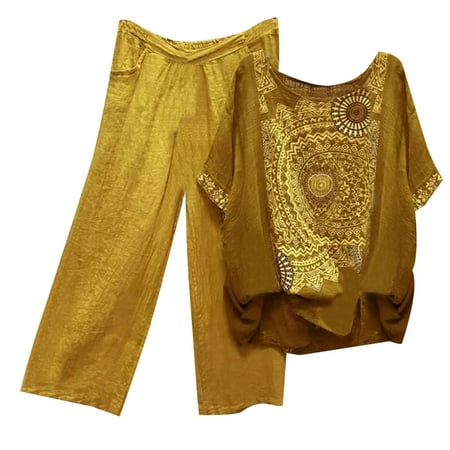 Virmaxy Womens Comfortable Loungewear Homewear 2 Piece Set Printed Loungewear Leisure Suit Fashionable and Comfortable Short-Sleeved Round Neck Blouse/Shirt + Pants Set Yellow L