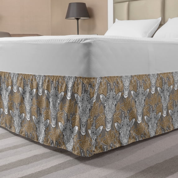 Giraffe Bed Skirt, Doodle Animal Head with Abstract and Ornate Floral Motifs, Elastic Bedskirt Dust Ruffle Wrap Around for Bedding Decor, 4 Sizes, Taupe Caramel White, by Ambesonne
