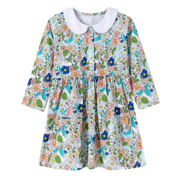 SERTG Girls' Cute Print Pointed Collar Dress Long Sleeve Fall Winter Princesse Skirt Outfit for Children 2-8 Years(Green,2 Years)