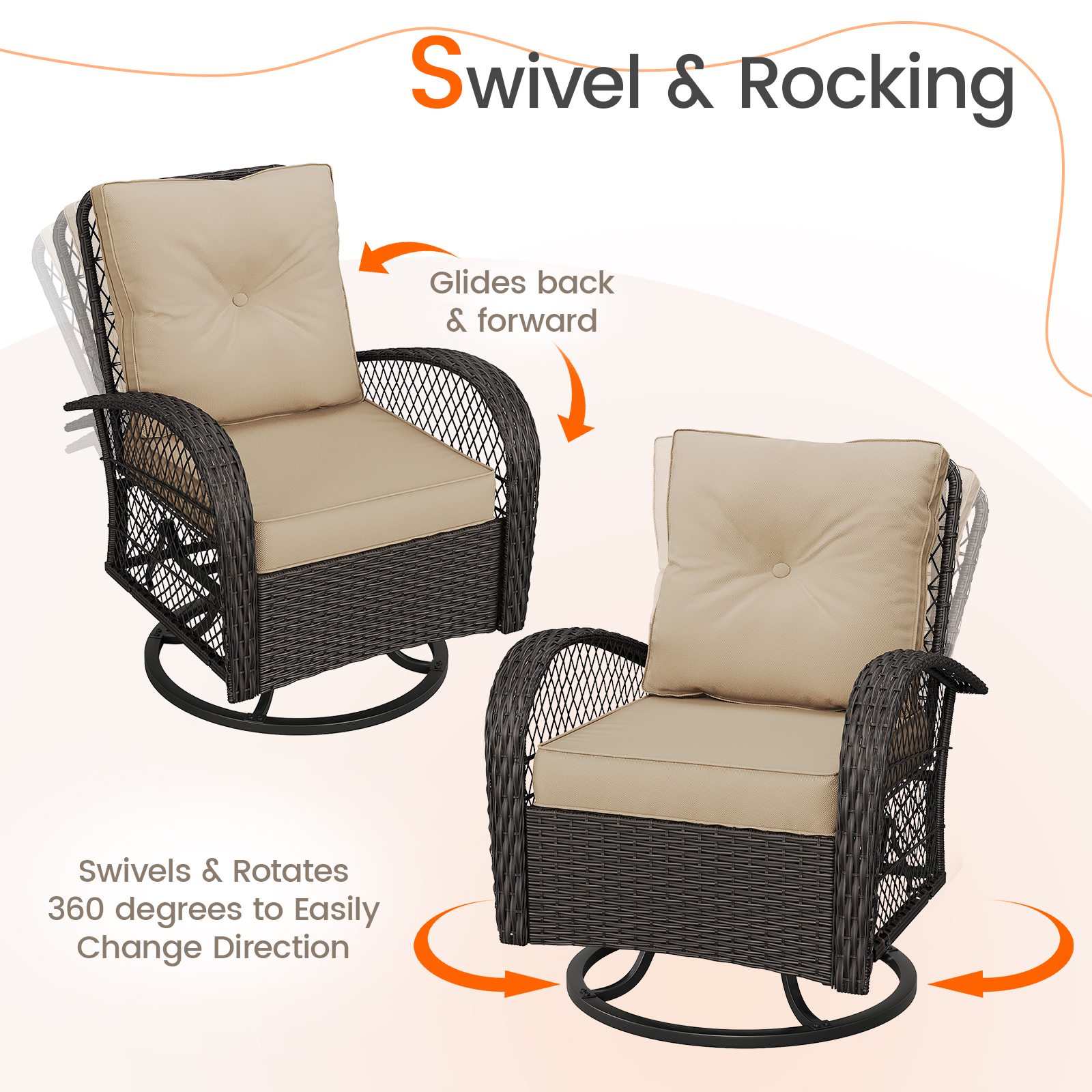 MRUAKA 3 Pieces Patio Furniture Set, Outdoor Swivel Gliders Rocker, Wicker Patio Bistro Set with Rattan Rocking Chair, Glass Top Side Table and Thickened Cushions for Porch Deck Backyard(Khaki)