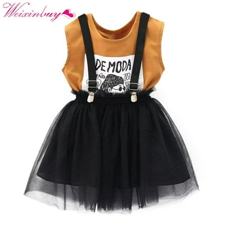 

Greyghost ZZ-T-shirt Baby Girl Clothes Set Summer Top Vest Cartoon T-shirt + Mesh Strap Dress Baby Clothes Set Fashion Girl Strap Skirt