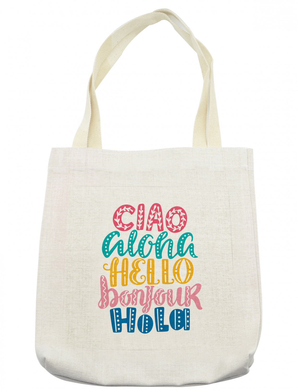 Saying Tote Bag, Hello in Different Languages with Floral and Abstract Details Fun Greeting
