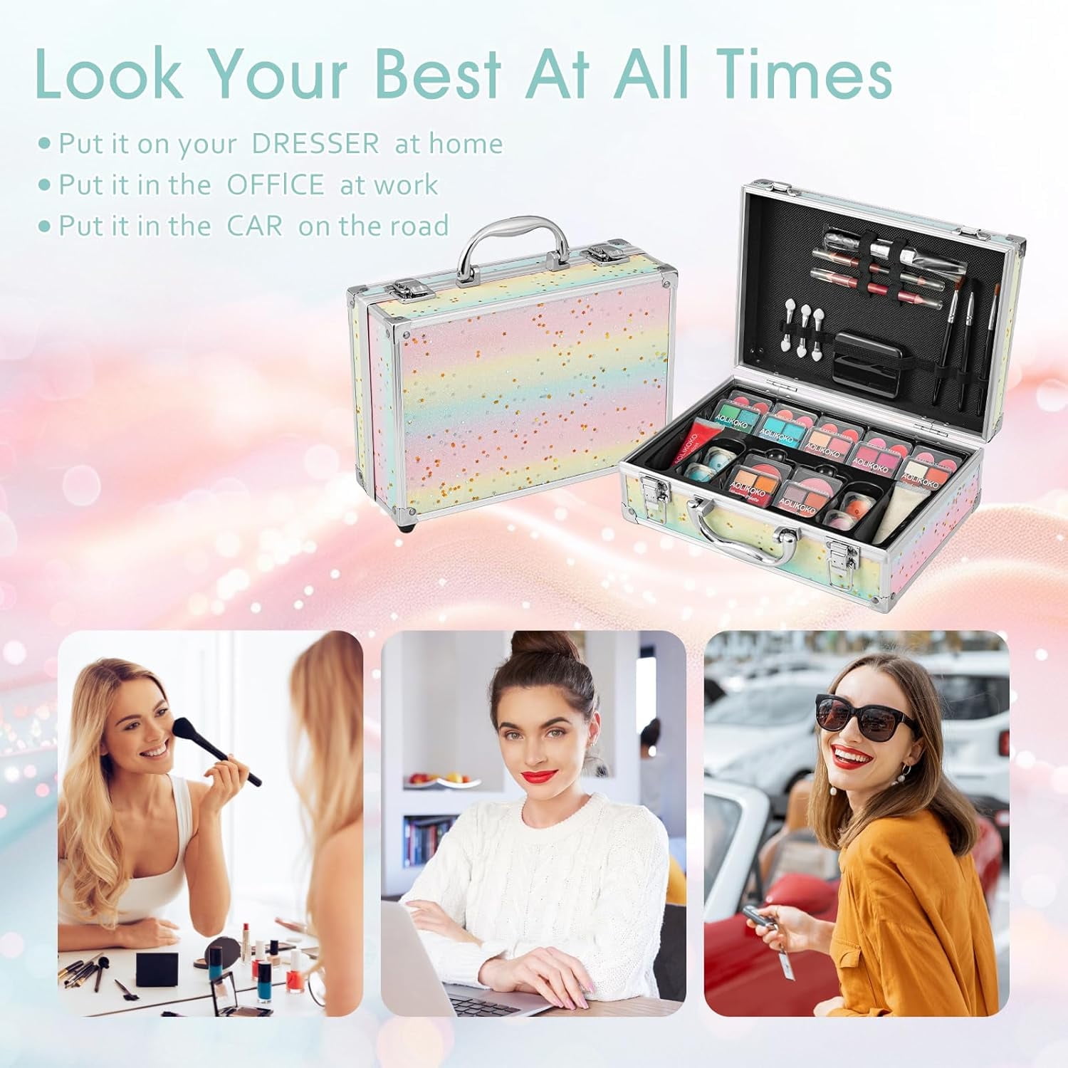 AOLIKOKO Makeup Kit for Teenager & Women,Makeup Set for Gift with Rainbow Case Includes Eyeshadow Palette Blush Lip Gloss Lipstick Eye Pencil Brush Mirror