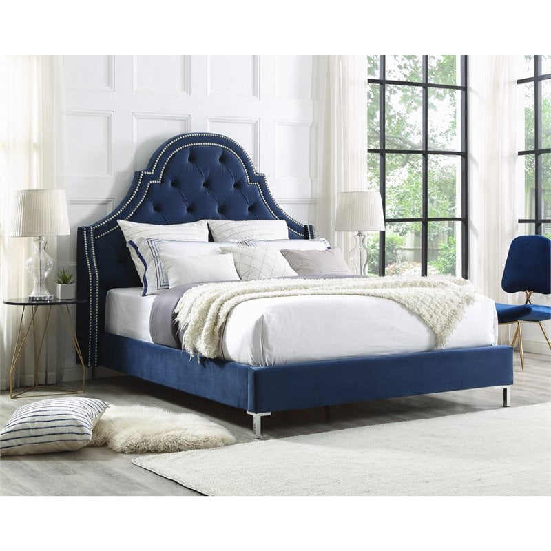Aaron Blue Velvet Platform Bed Frame - King Size - Tufted - Nailhead