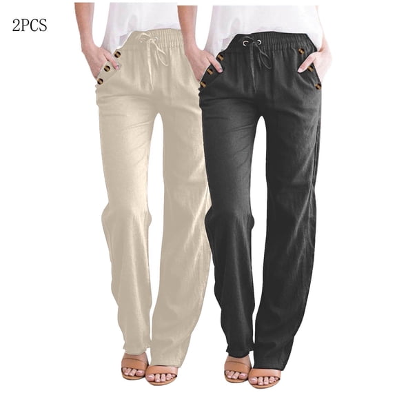Feimerou Womens Linen Pants Petite Casual Pants Lightweight Summer Relax Fit Elastic Waist Plus Size Solid Lounge Long Trousers with Pockets 2pc