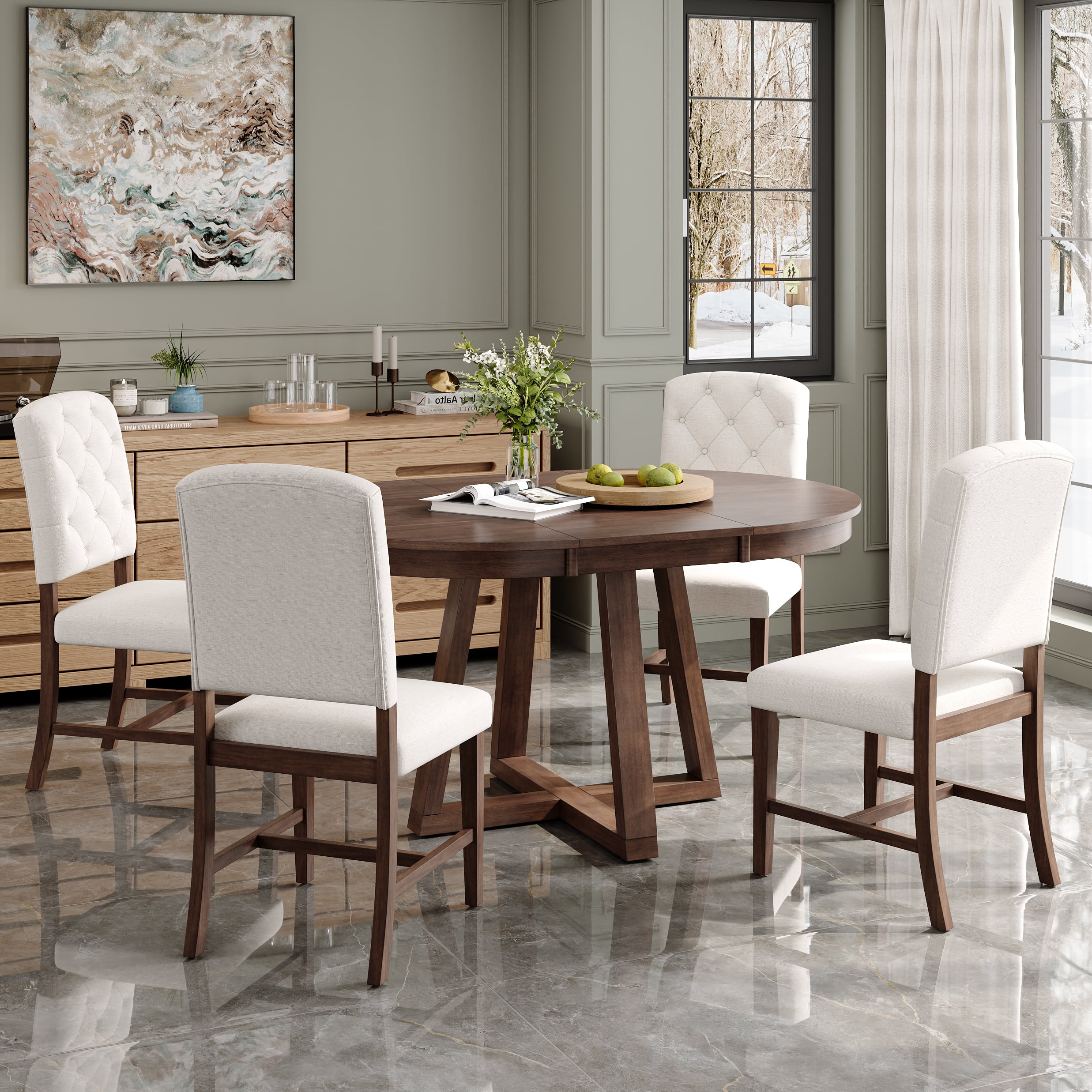 5-Piece Dining Table Set for 5, 42"-58" Extendable Round Dining Table with 4 Upholstered Chairs