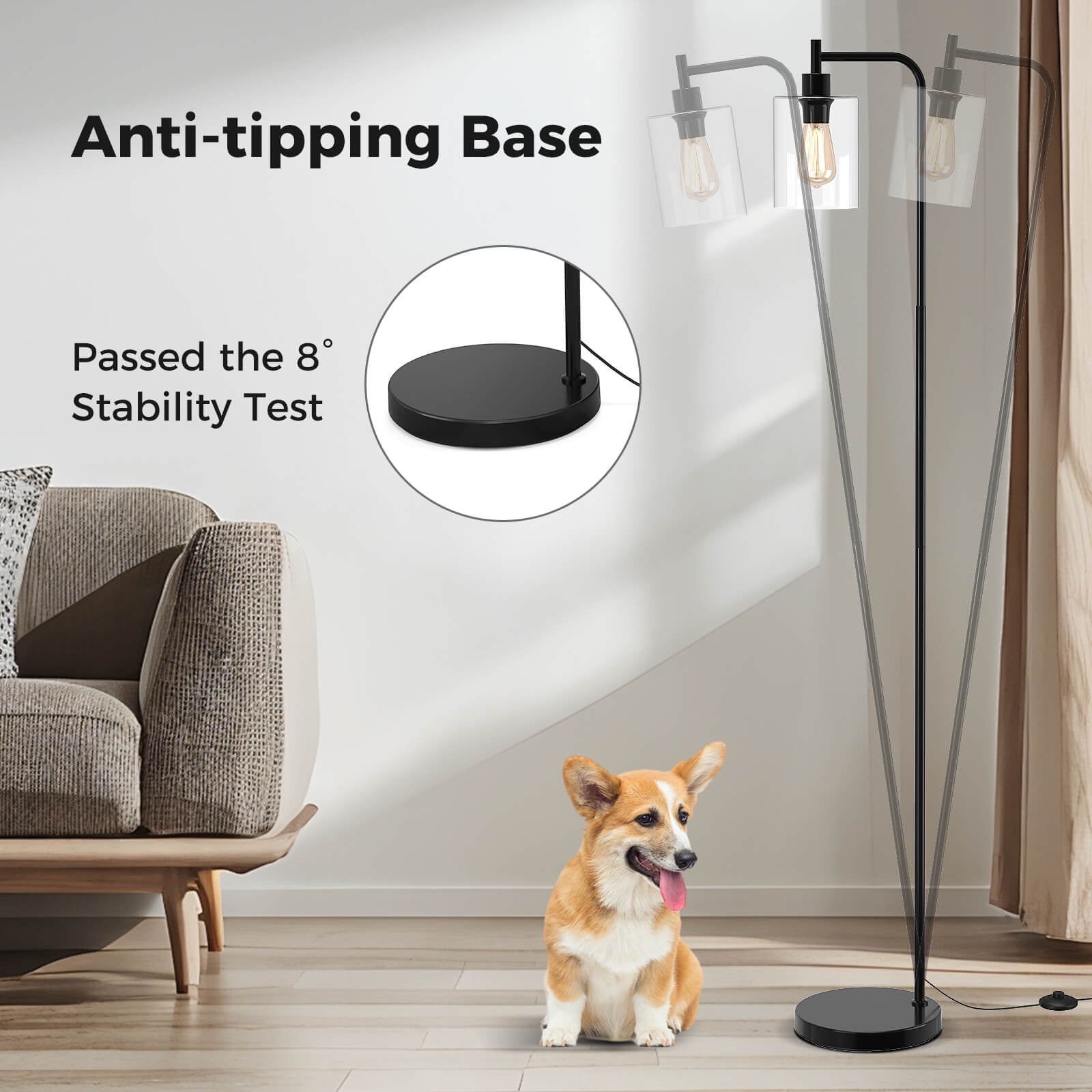 Costway Industrial Floor Lamp with Hanging Glass Lampshade and Foot Switch Modern