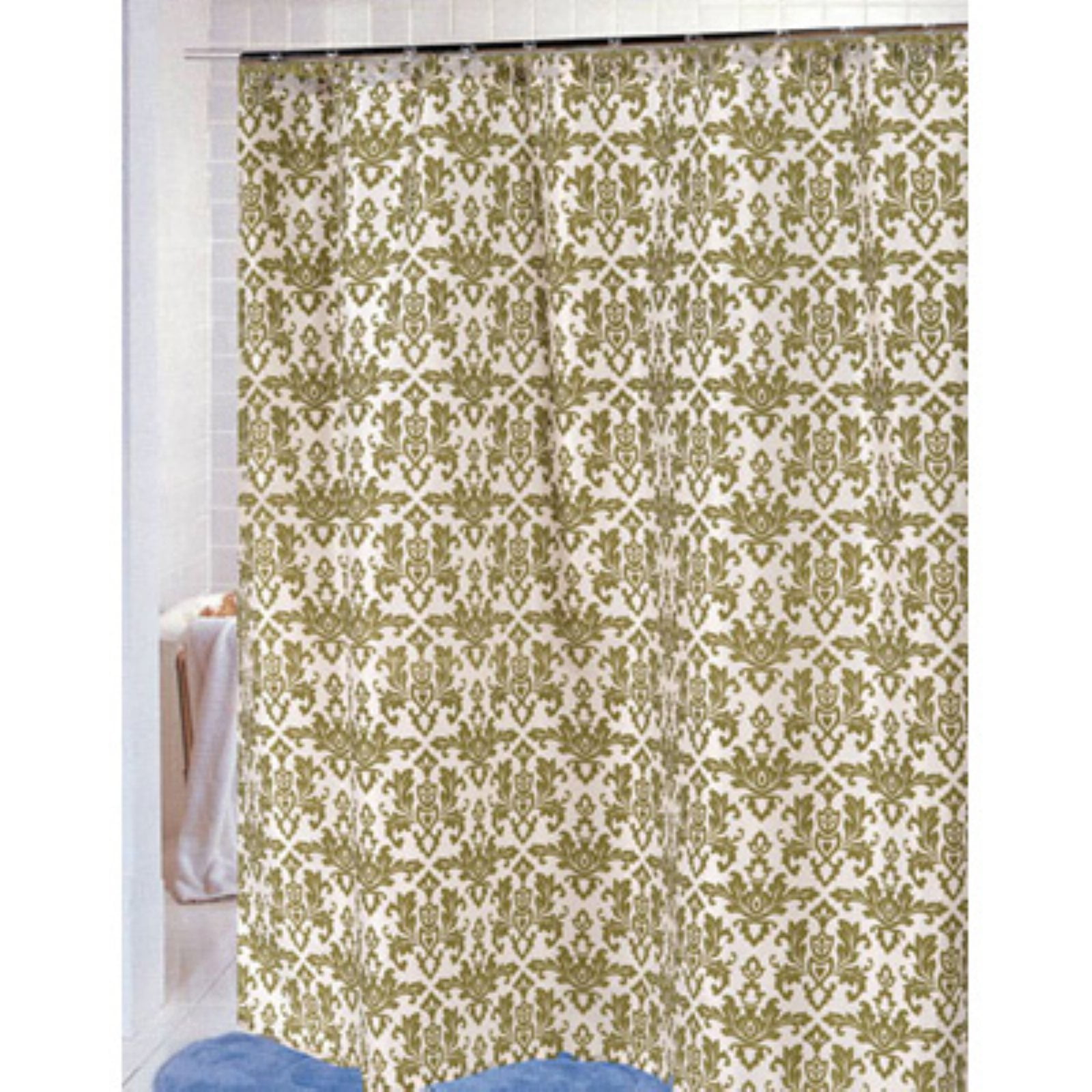 Chocolate on Blue Carnation Home Fashions Damask Fabric Shower Curtain