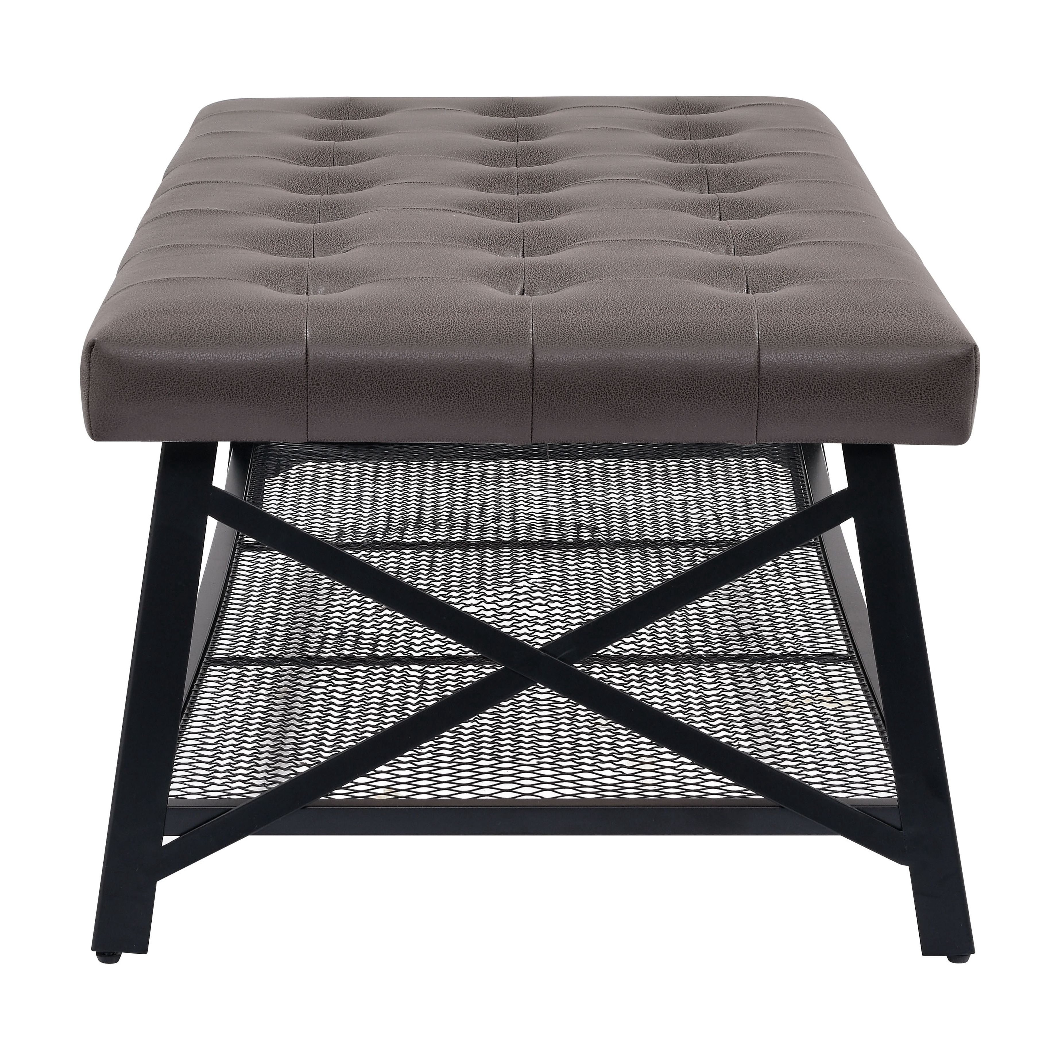 MOONMISS 48" Tufted Faux Leather Coffee Table Bench with Storage Shelf, Upholstered Ottoman Bench with Metal Frame for Living Room, Entryway, Bedroom, Apartment, Small Space (Dark Brown)