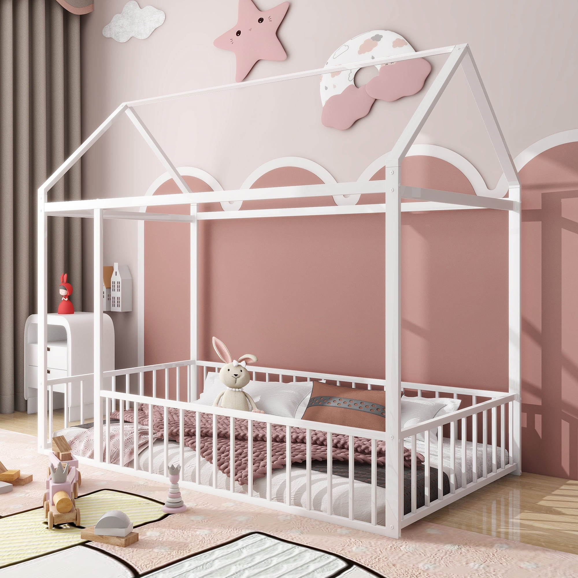 Gewnee Twin Size Metal House Bed frame with Fence,Montessori Floor Bed for Toddler and Kids,White