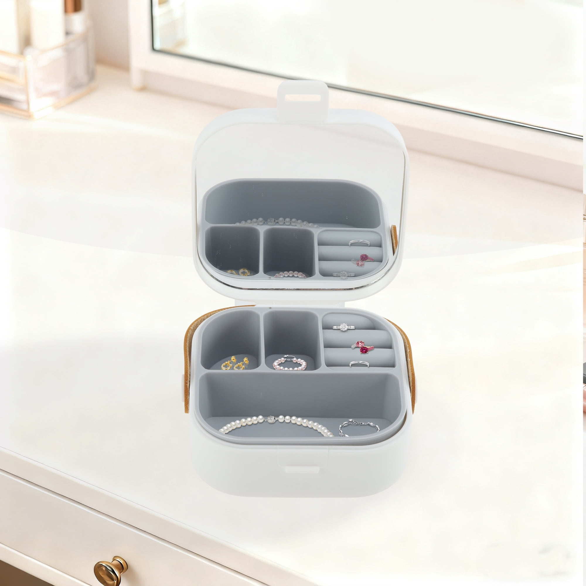 Unique Bargains Square Multi-Function with Mirror Jewelry Box Organizer Nordic White