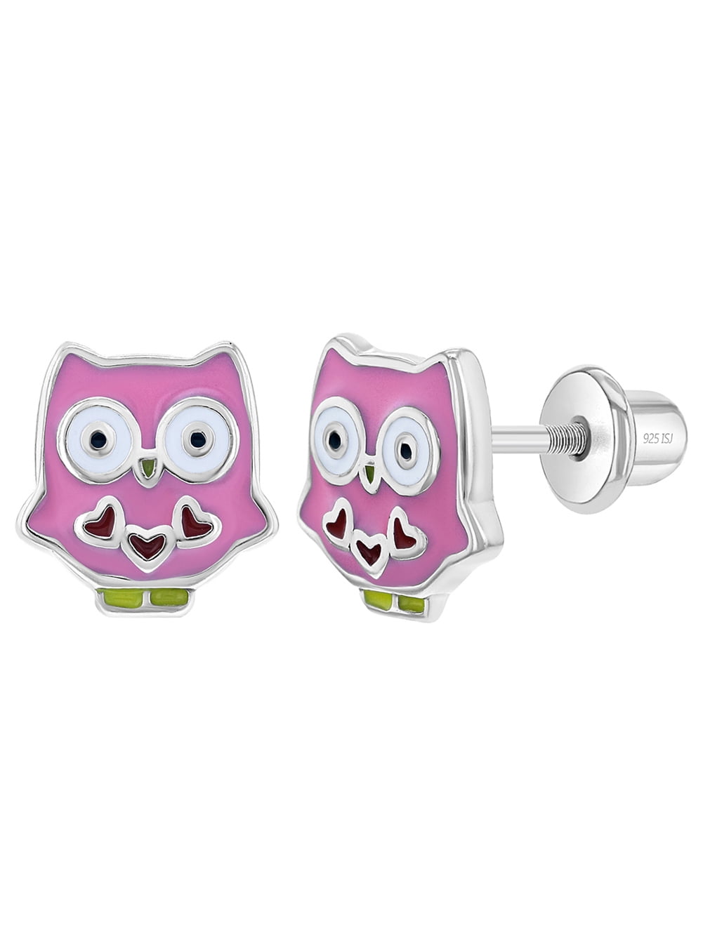 925 Sterling Silver Enamel Owl Screw Back Earrings for Little Girls & Toddlers