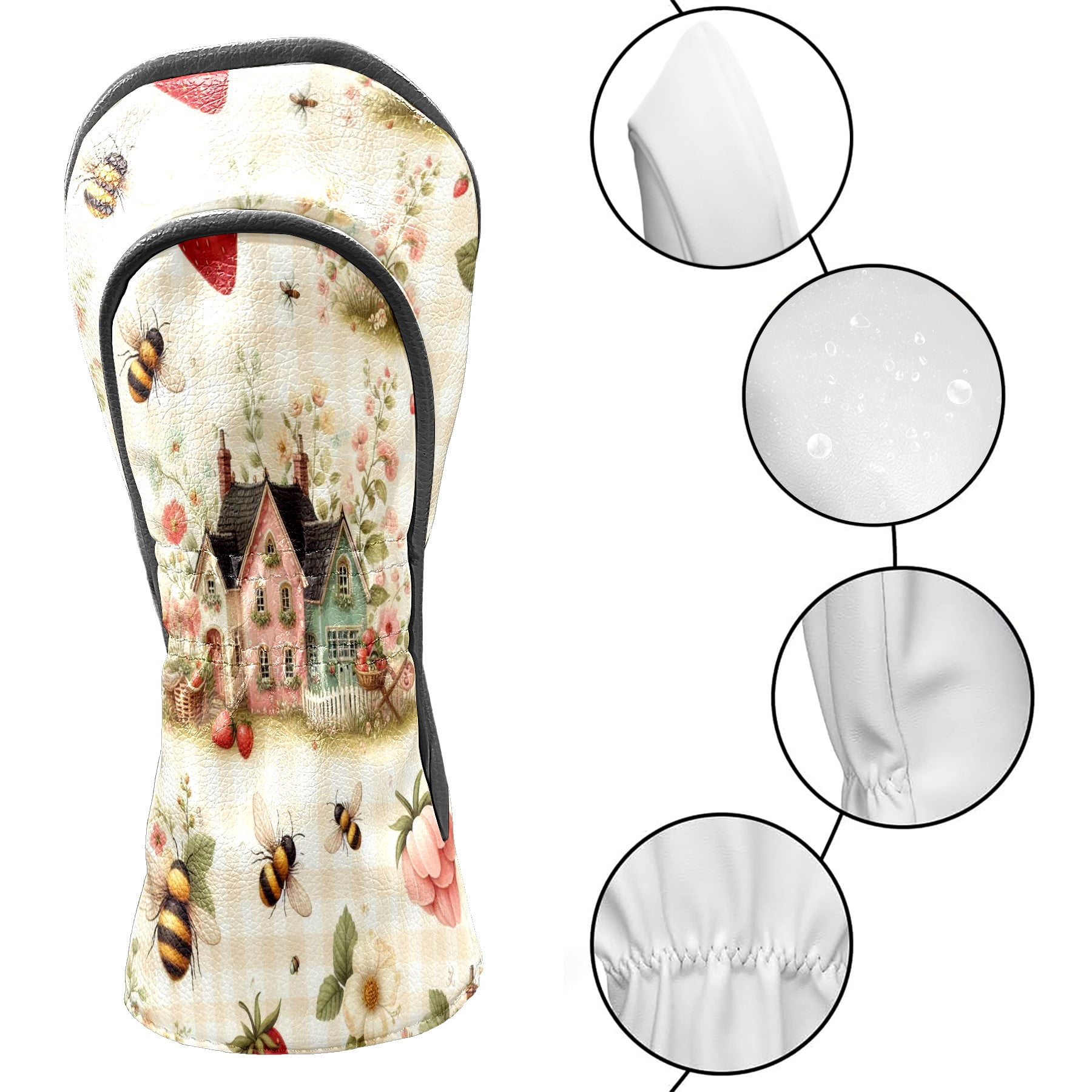 Golf Club Covers, Beige Cottage Bees Premium PU Leather Driver Hybrid Putter Head Covers with Velvet Lining, Waterproof Golf Gifts for Men Women