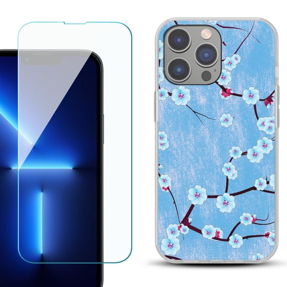 Slim-Fit Gel TPU Phone Case for iPhone 14 Pro Max, with Tempered Glass Screen Protector, by OneToughShield ® - Blossom Sky