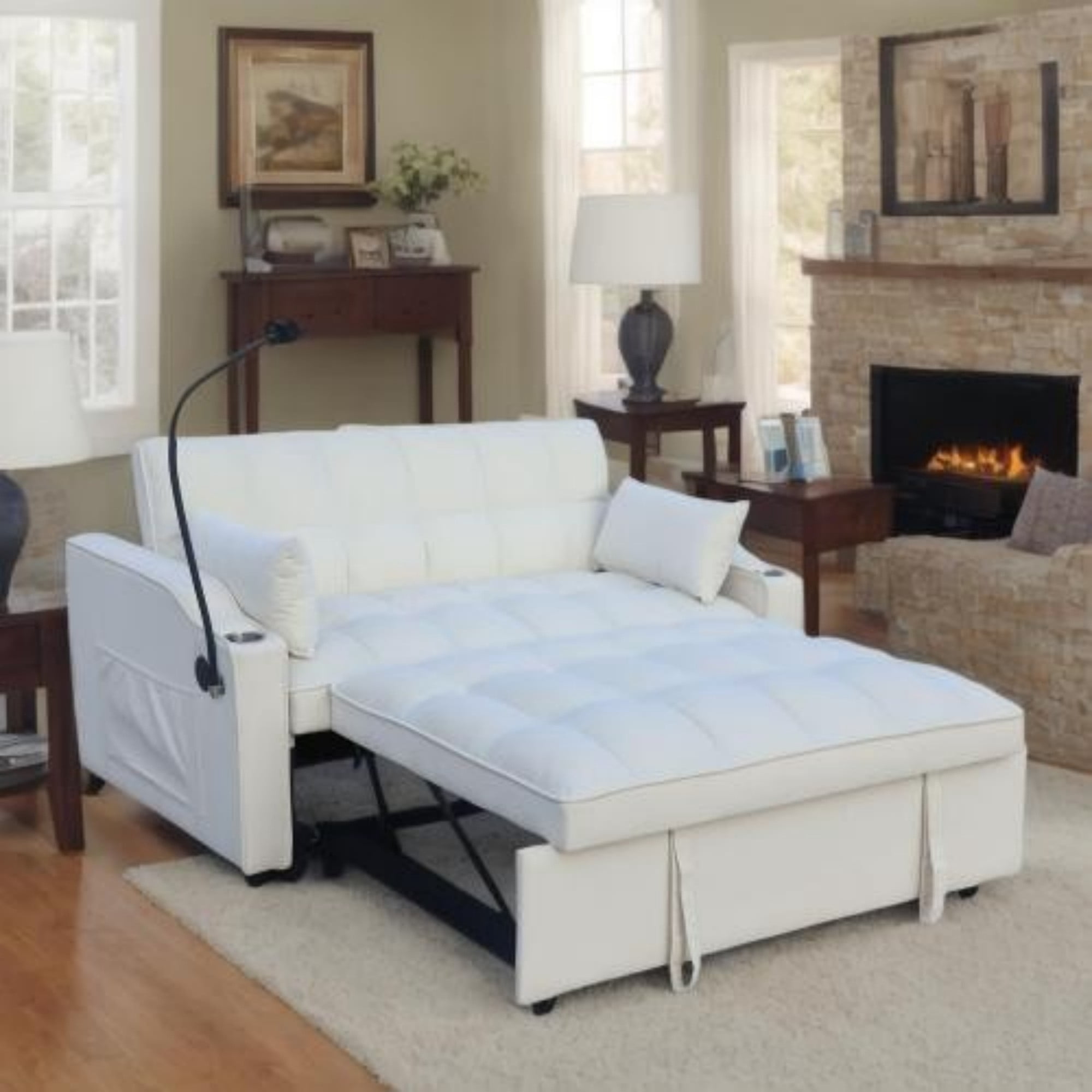 Velvet Loveseat Sofa Bed, 3-in-1 Convertible Sleeper Couch with USB Ports, Phone Holder & Pullout Bed, Beige