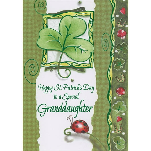 Designer Greetings Shamrock in Frame and Ladybug on Curling Stem St. Patrick's Day Card for Granddaughter