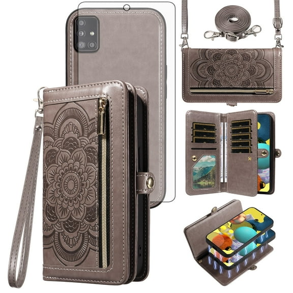 Asuwish Phone Case for Samsung Galaxy A51 5G/A 51 5G UW Verizon Zipper Wallet Detachable Cell Cover with Tempered Glass Screen Protector Crossbody Strap Flower Flip Card Holder 51A G5 S51 Women Gray
