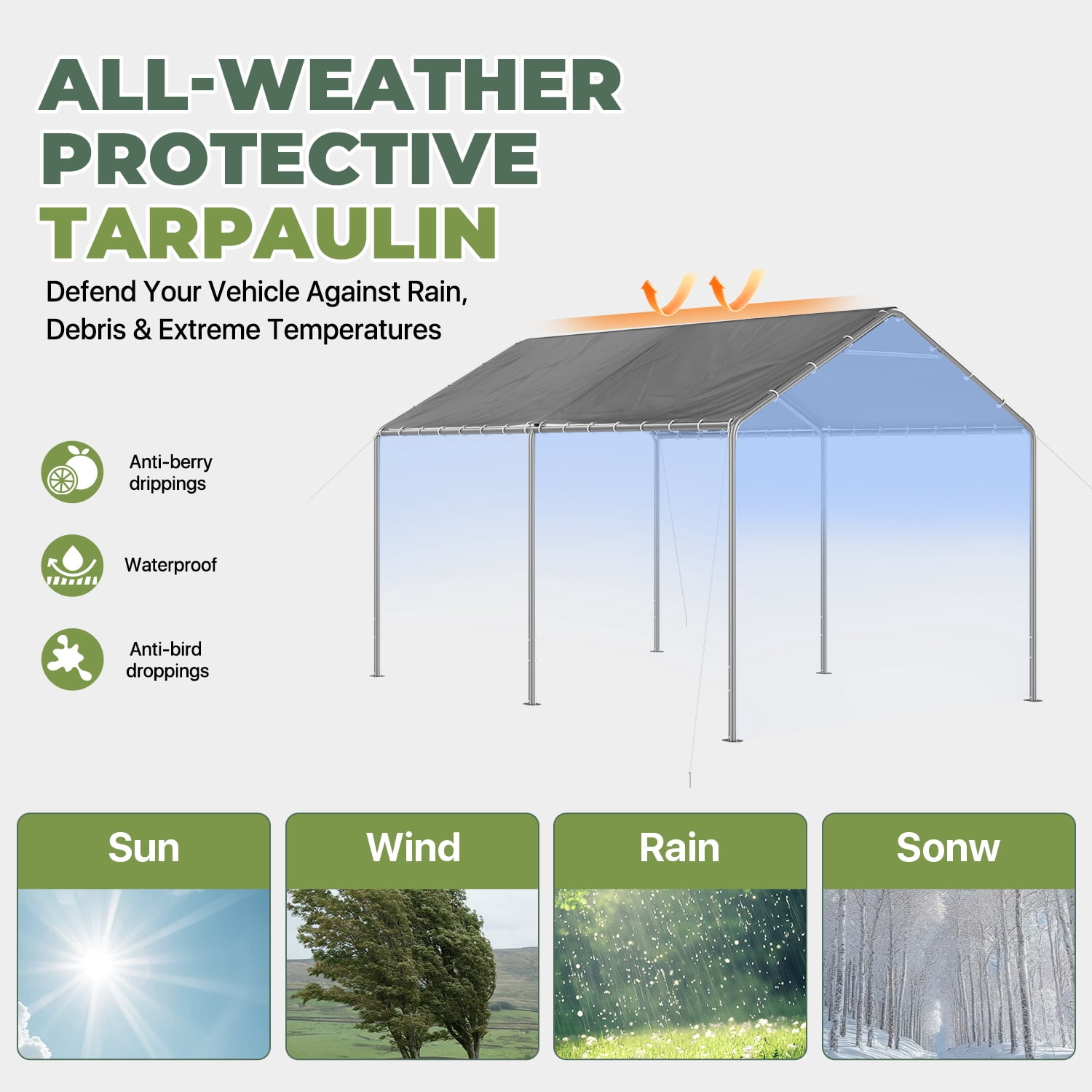 BaPiPro 10' x 15' Gray Gable Roof Carport Canopy, Heavy-Duty Galvanized Steel, Waterproof UV-Resistant PE Tent with Adjustable Height, 7-Level Wind Resistance for Car, Boat and Patio Storage
