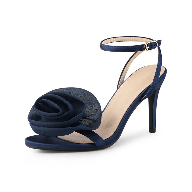 BLISSFUL STEP Flower Open Toe Slingback Stiletto Heels Ankle Strap Sandals for Women Navy Blue 10