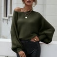 thumbnail image 2 of IROINNID Pullover Sweater for Women One-shoulder Loose Sweater Lantern Sleeve Knit Stylish Comfy Sweater,Olive Green, 2 of 7