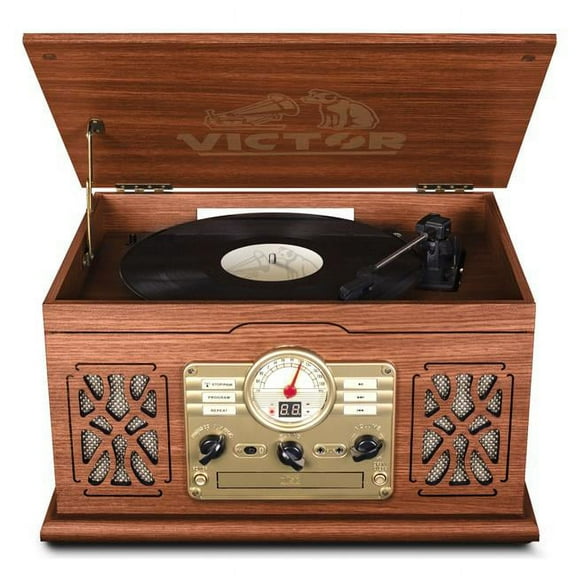 Victor State 7-in-1 Wood Music Center with 3-Speed Turntable and Dual Bluetooth (Mahogany)
