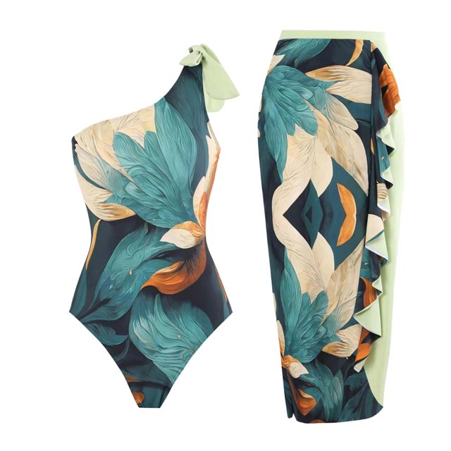 Gibobby Traje de Baño Sexy Bikini Nuevo traje de baño vintage para mujer, traje de baño sexy con un hombro, conjunto de falda para la playa estampada(Verde,M)