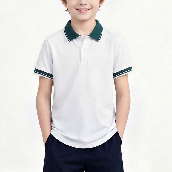 Ynynloco Boys 100%Cotton Shirt Short Sleeve Pique School Button Closure Tops Casual Uniform Dress Collared Fashion Golf Shirts 2-15Y