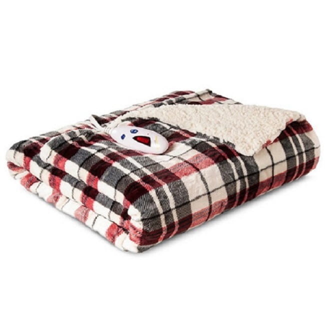 Biddeford Velour Sherpa Electric Heated Throw Blanket in Linen Plaid