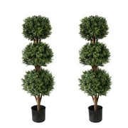 Artificial Topiary Triple Ball Boxwood Tree, Two Pack Fake Topiaries Trees 46.5inch Faux Shrubs Plants Potted Outdoor Indoor Proch Office Garden Green (3.87ft)