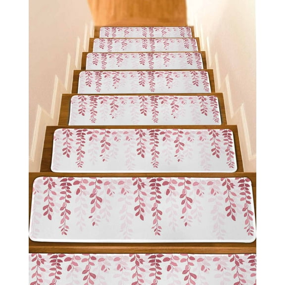 Pink Ombre Botanical Stair Treads for Wooden Steps Indoor Runner Rug Carpet, Watercolor Country Pastoral Leaf 4 Pieces Peel and Stick Staircase Step Treads Covers Washable Throw Door Mats, 30"x8"