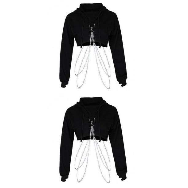 2x women Pullover Hoodie Crop Top Metal Chain Sweatshirt