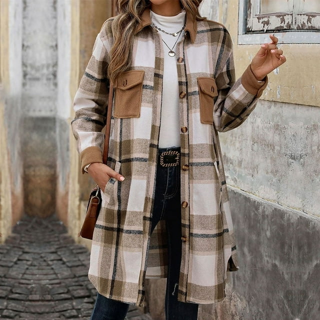 WRKEKC Vintage Plaid Wool Coat Mid-Length Brushed Finish Open Front Fall Winter Casual Office Wear Plus Size Coffee L