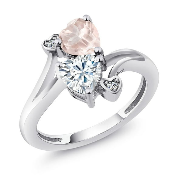 Gem Stone King 925 Sterling Silver Rose Rose Quartz White Moissanite and White Lab Grown Diamond Ring for Women (1.55 Cttw, Heart Shape 6MM, Gemstone Birthstone, Size 9)