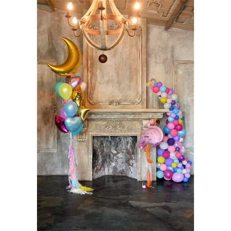 HelloDecor Polyster 5x7ft Birthday Backdrop Balloon Retro Droplight Mantel Photography Background Baby Kid Girl Infant Artistic Portrait Fireplace Indoor Decoration Photo Studio Props Video Drop