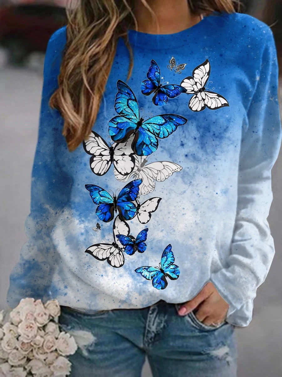 COOKI Women Floral Butterfly Graphic Printed Round Neck Pullover Sweatshirts Casual Pullover Long Sleeve Sweater Tops 