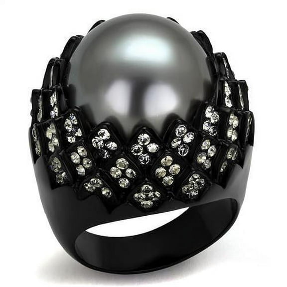 IP Black(Ion Plating) Stainless Steel Ring with Synthetic Pearl in Gray for Women Gray Stone Color Style TK2483 Size 10