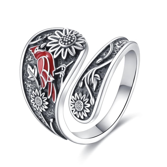 YAFEINI Red Cardinal Sunflower Ring Sterling Silver Vintage Spoon Ring Jewelry Gifts for Women
