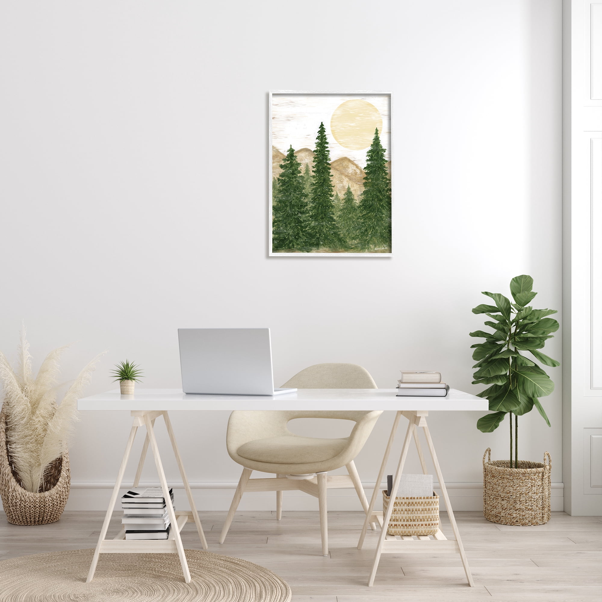 Stupell Rustic Mountain Sun Forest Trees Landscape Painting White Framed Art Print Wall Art