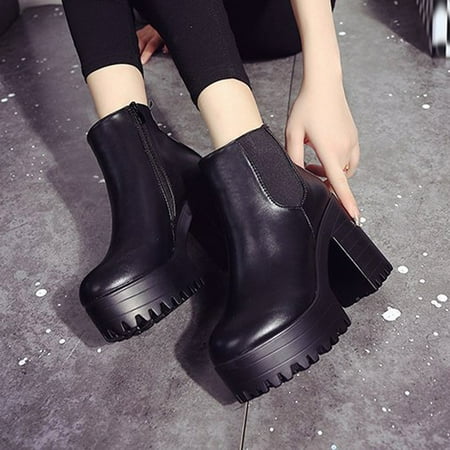 

YOTAMI Womens Shoes Women s Short Retro High Heeled Thick Heeled Waterproof Platform Plus Velvet Boots Black
